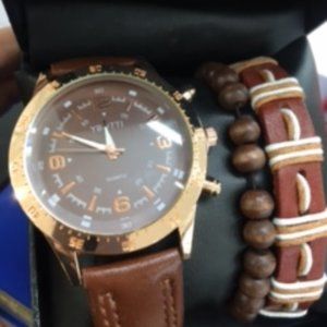 Brown watch and bracelet set